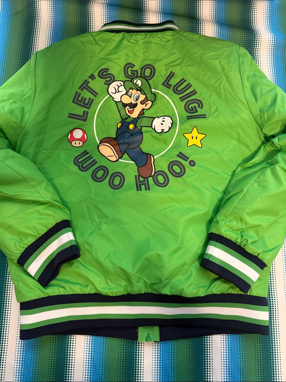 Nintendo Green Luigi Graphic Bomber Jacket with Navy & White Trim - Picture 2 of 5
